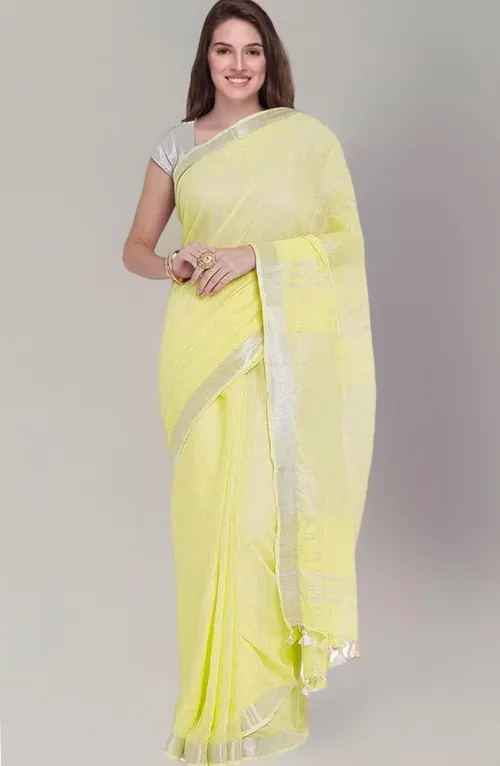 Lemon Yellow Linen Saree with Silver Border